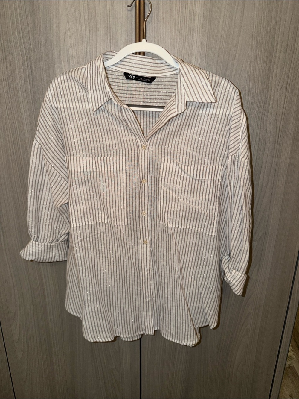 Zara Metallic White & Beige Striped Button-Up Shirt